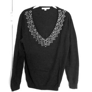 Boden Jeweled Neckline Navy Sweater